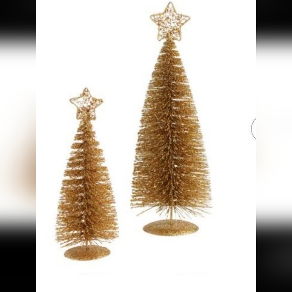 Set of 2 new gold glittery bottle brush holiday Christmas trees 10 & 14 inch set - Picture 2 of 3
